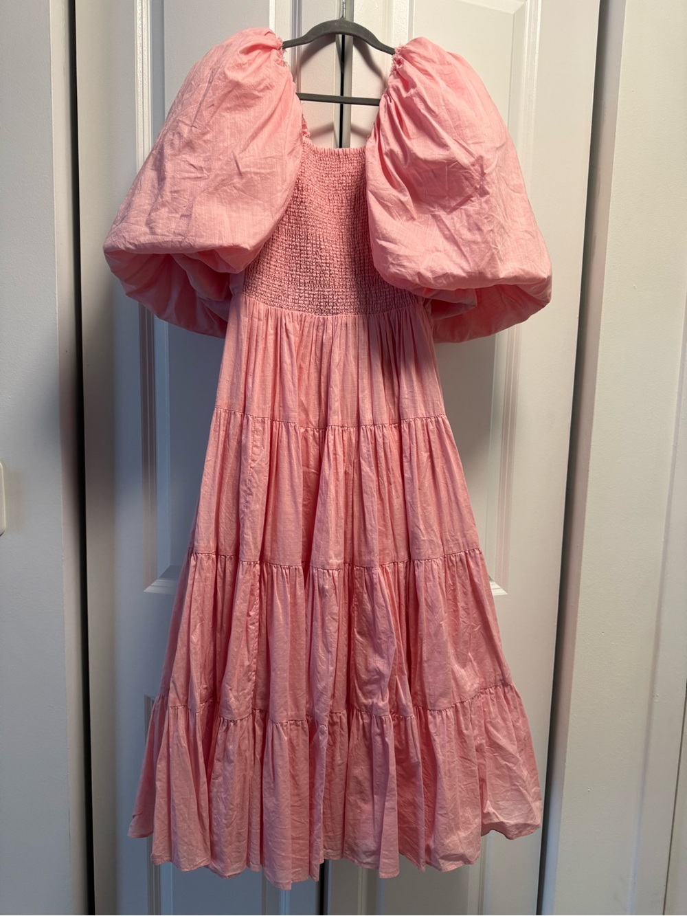 Aje Pink Puff-Sleeve Tiered Cotton Dress